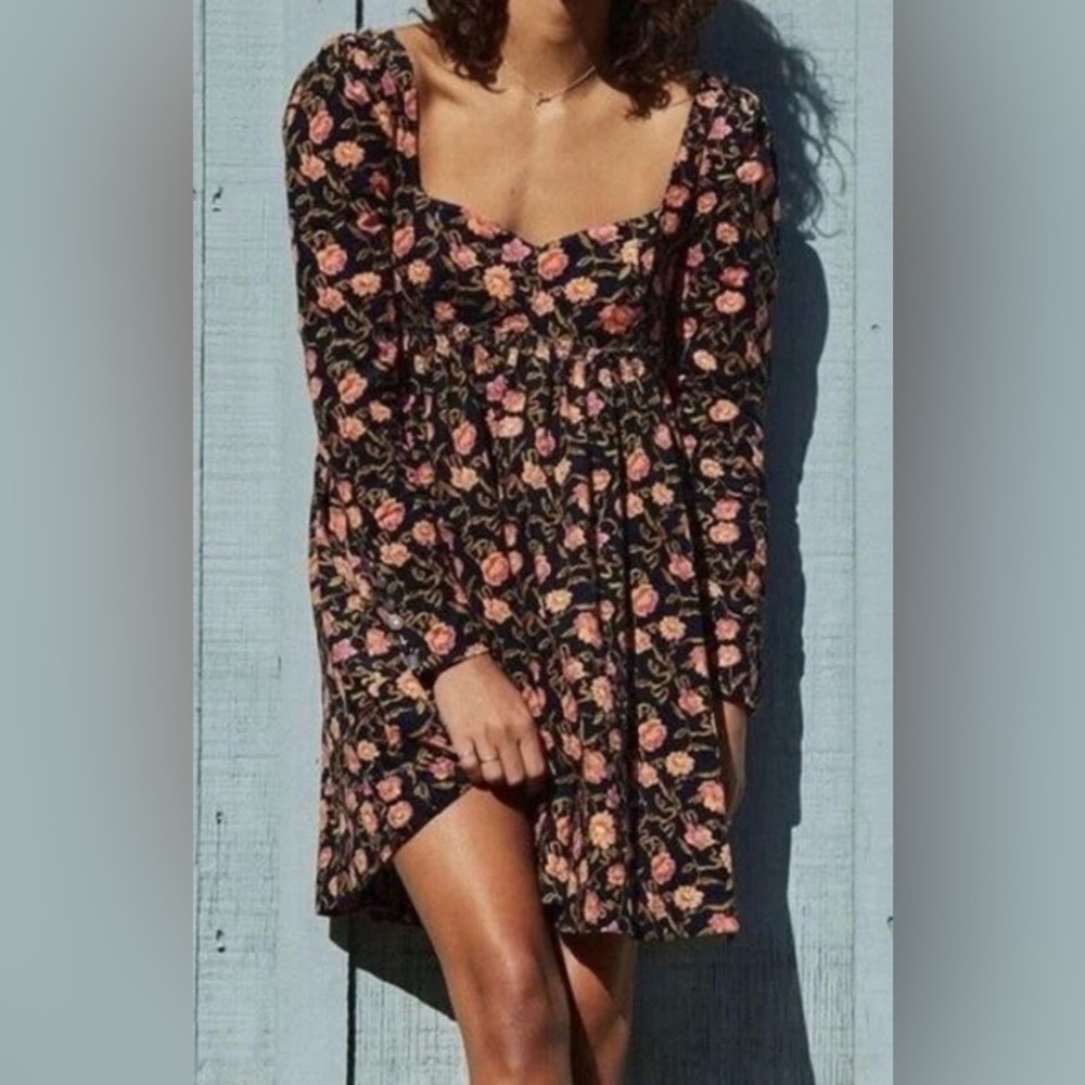 Free People Bessie Babydoll Mini Dress Corduroy Floral Navy Long Sleeve XS